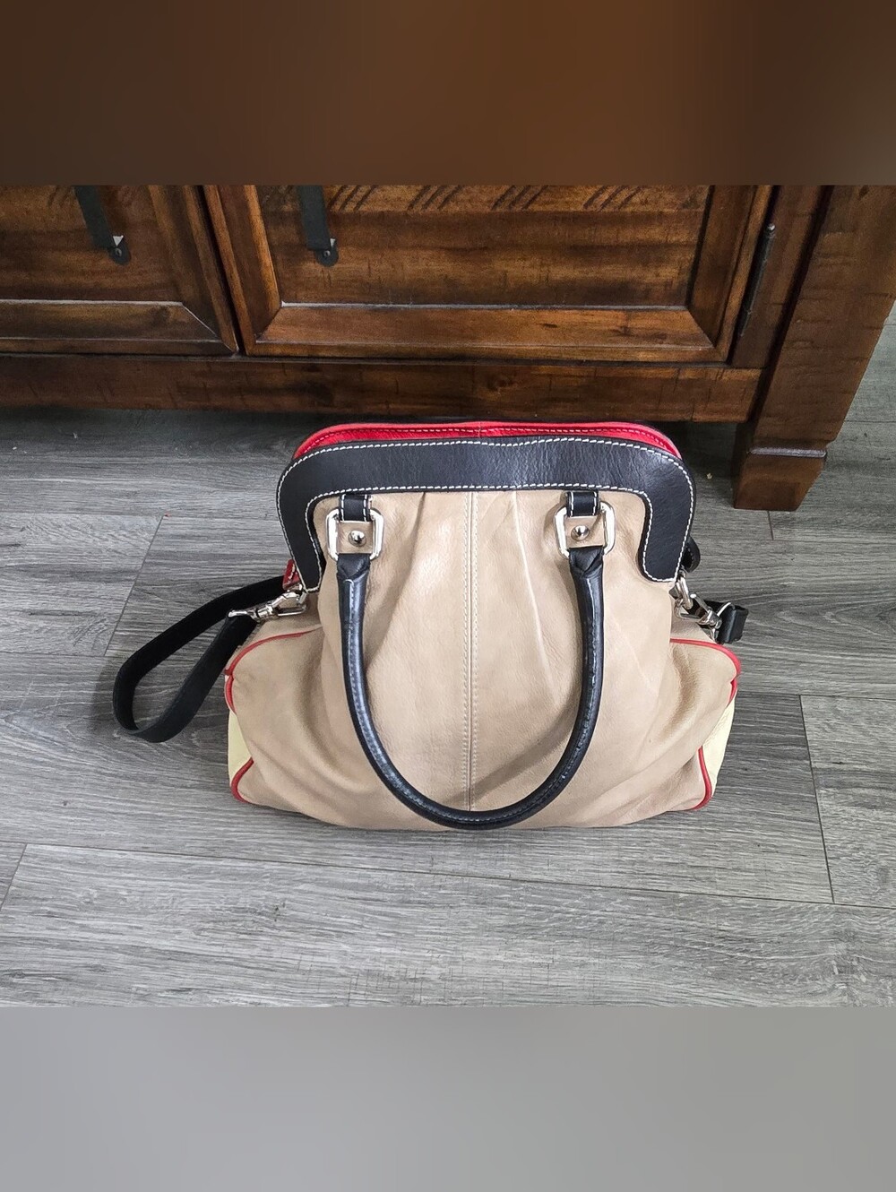 Made in Italy Genuine Leather Satchel Handbag Beige Black Red Shoulder Bag